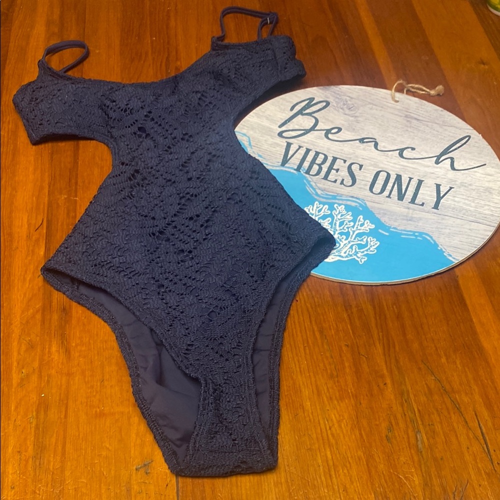 Chic Aerie Navy Lace Cutout High-cut Swimsuit